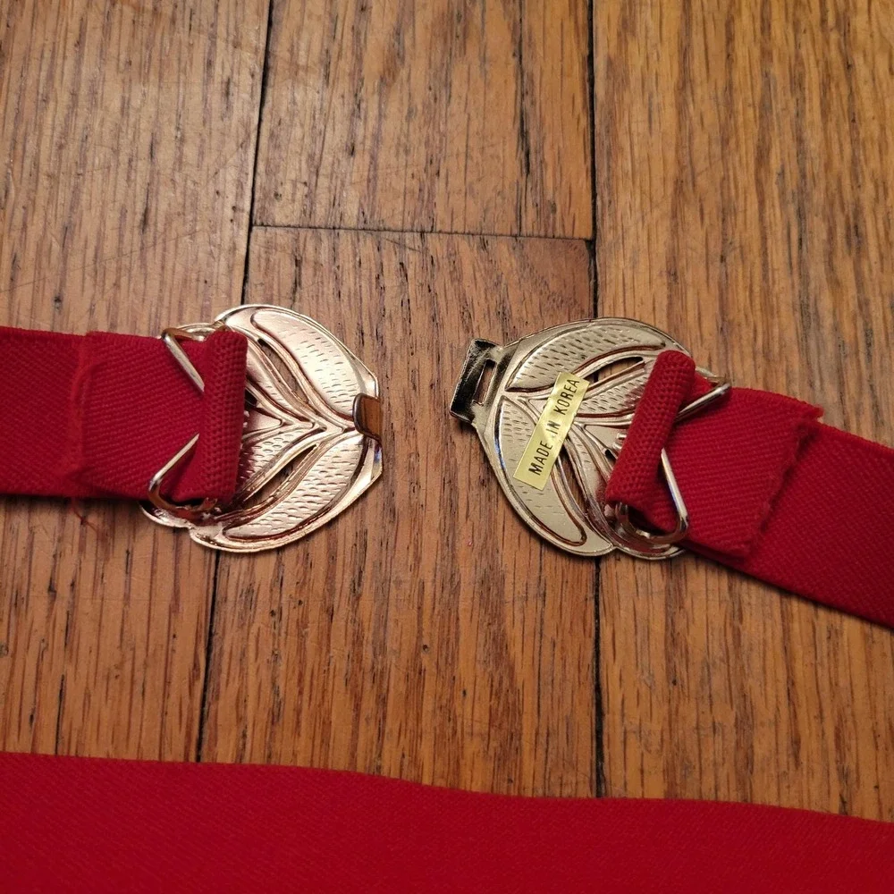 Square Dancing Cinch Belt Red‎ Flower Gold Enamel Elastic Vintage Retro Western